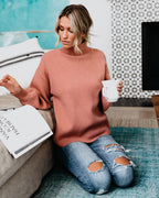 Blush-pink mock neck knit sweater, relaxed fit, long sleeves, pullover