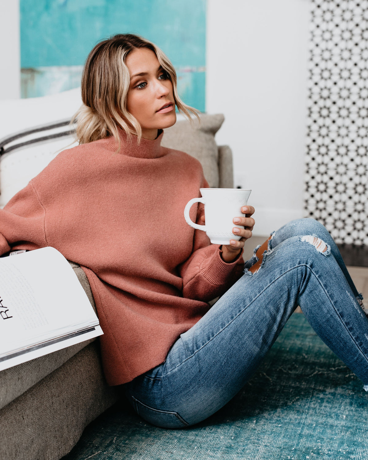Dusty rose mock neck sweater with long sleeves