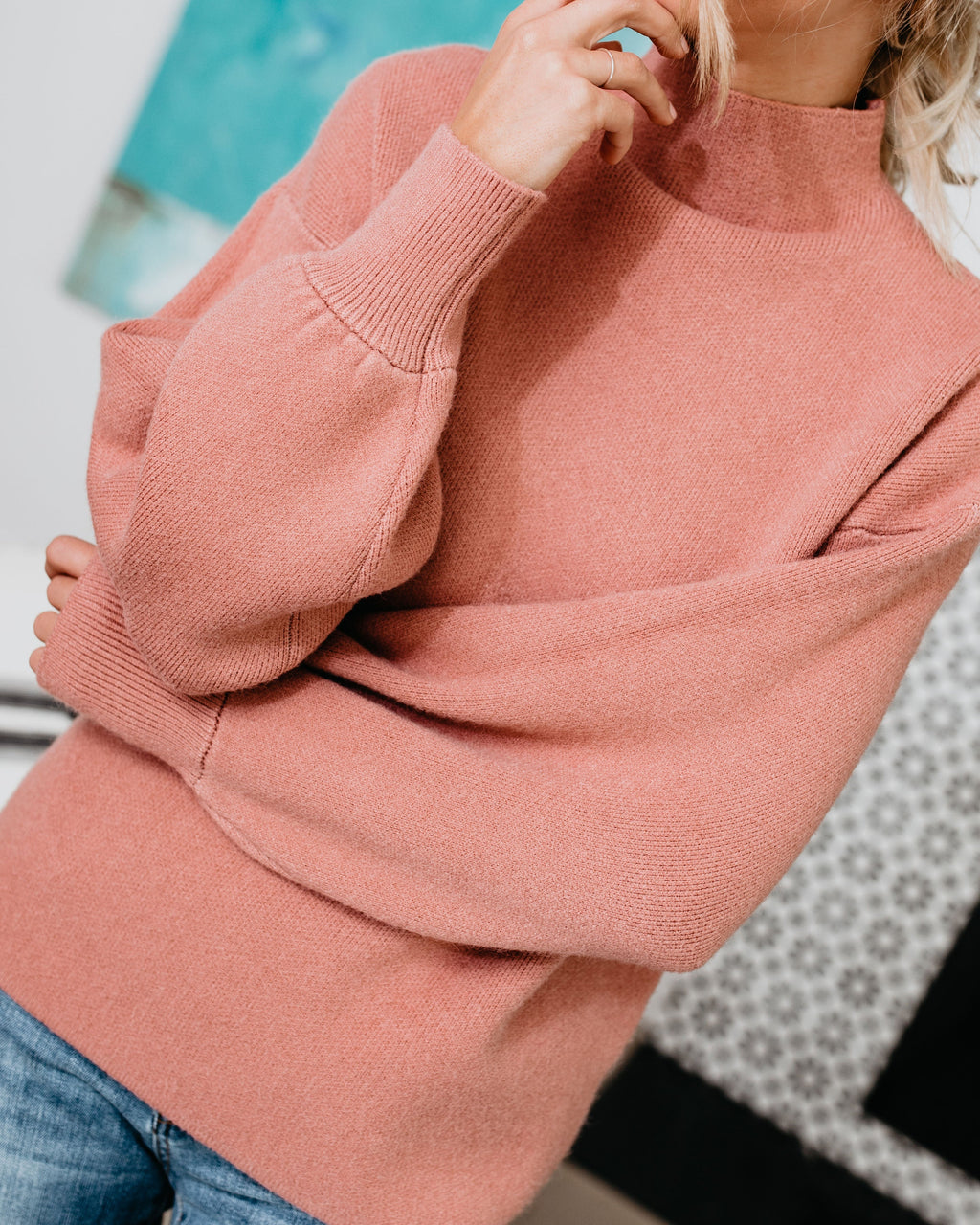 Blush-pink mock neck knit sweater with ribbed cuffs and hem, long sleeve