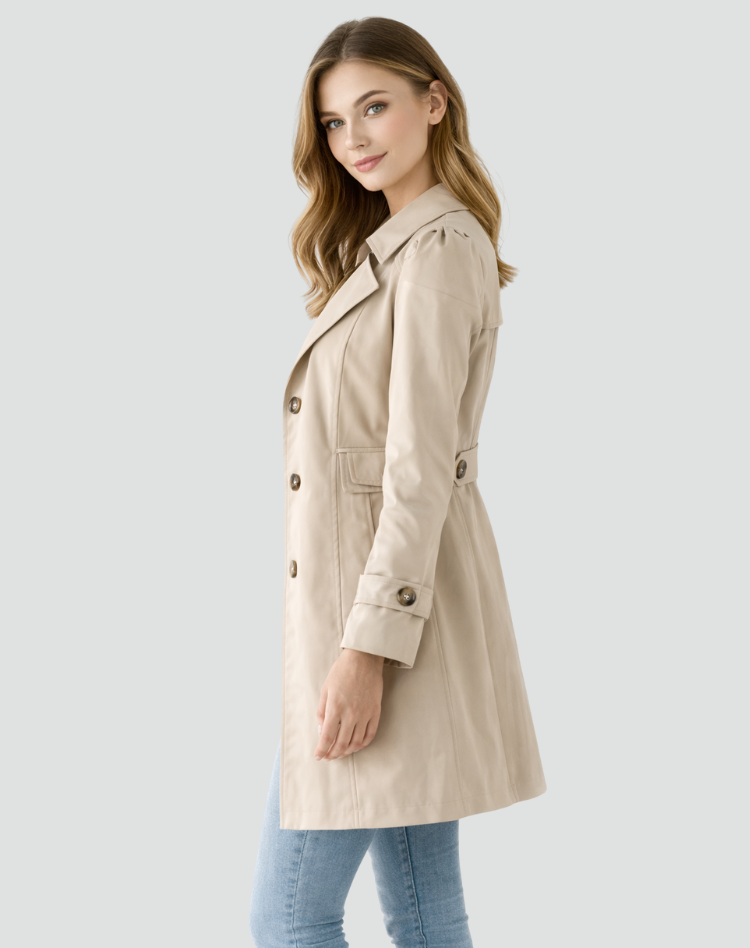 Beige women's slim-fit lightweight trench coat with lapels, button front, waist belt