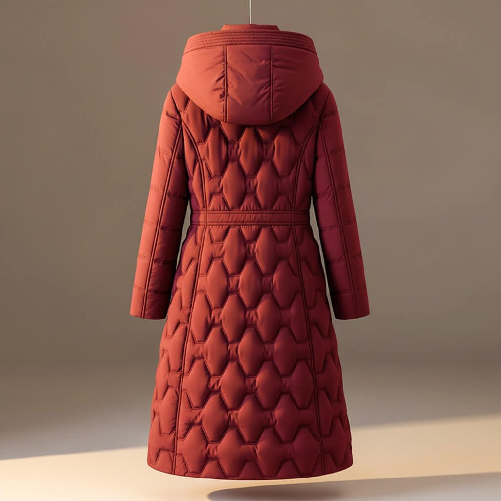 Quilted hooded coat in rose red, diamond pattern, belt at waist, full-zip front