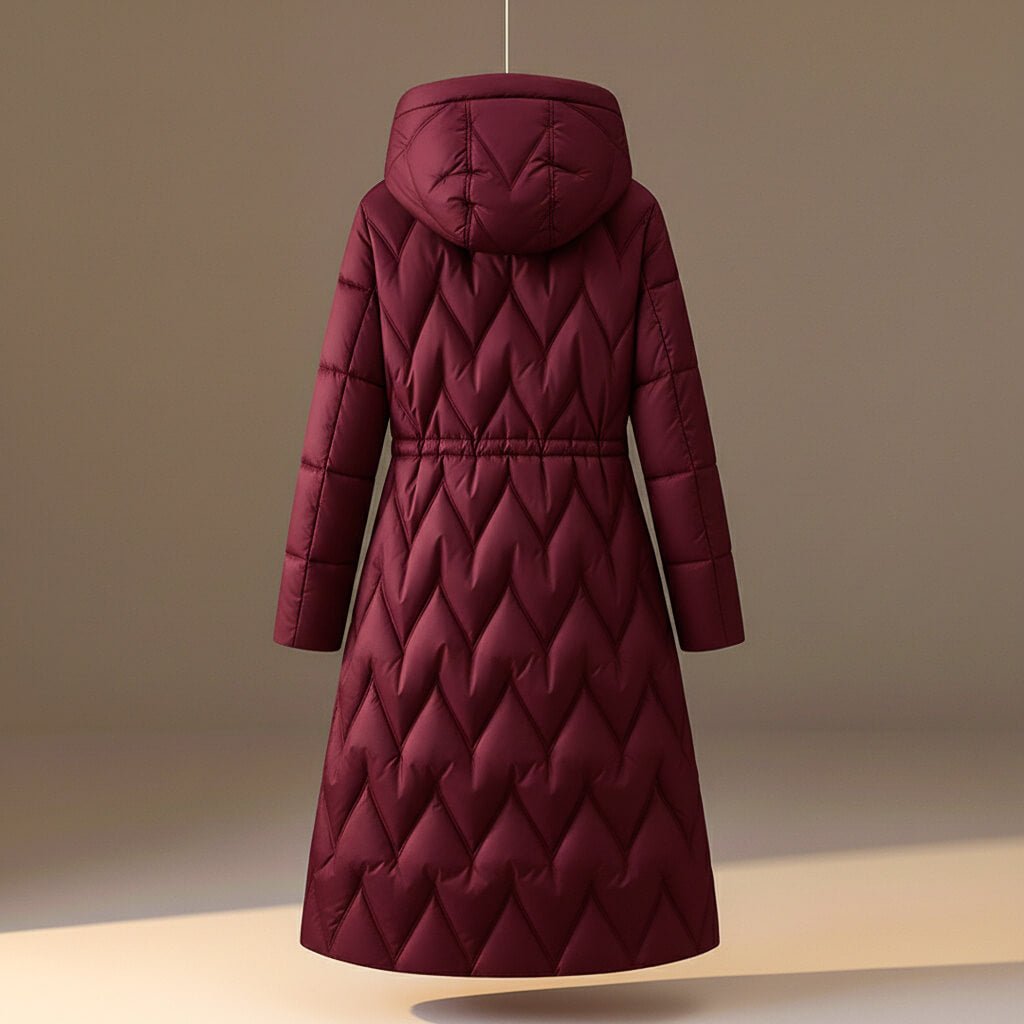 Rose red quilted hooded coat with long sleeves, cinched waist and front zip