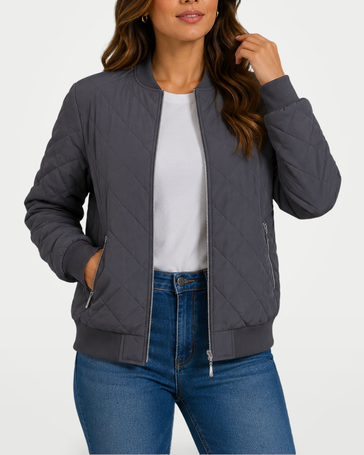 Women's quilted bomber jacket in dark gray with zip front and ribbed collar cuffs