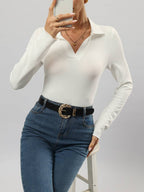 Fitted ribbed knit V-neck polo top in white, long sleeves with collar