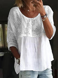 Women's white loose blouse with floral embroidery, patchwork tiers, short sleeves