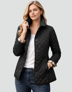 Women's quilted jacket, black button-front with stand collar and long sleeves
