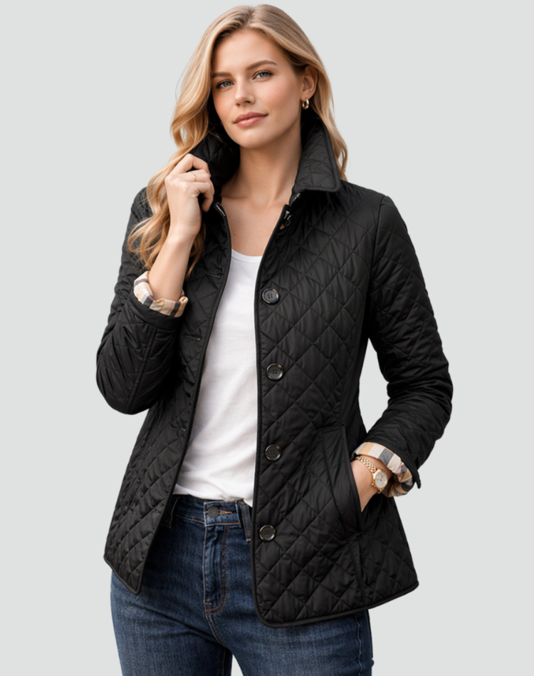 Women's quilted jacket, black button-front with stand collar and long sleeves