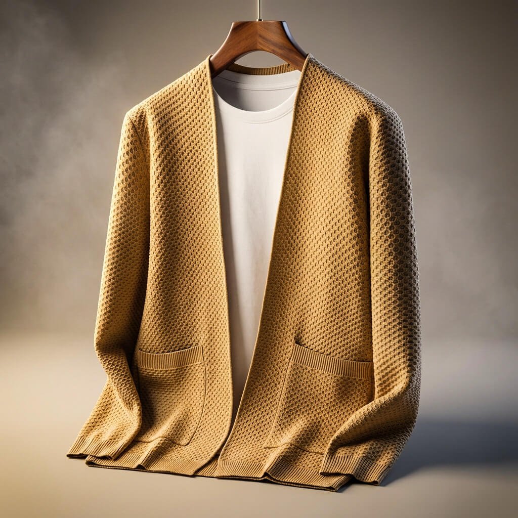 Women's honeycomb knit cardigan with pockets, sand beige, open front
