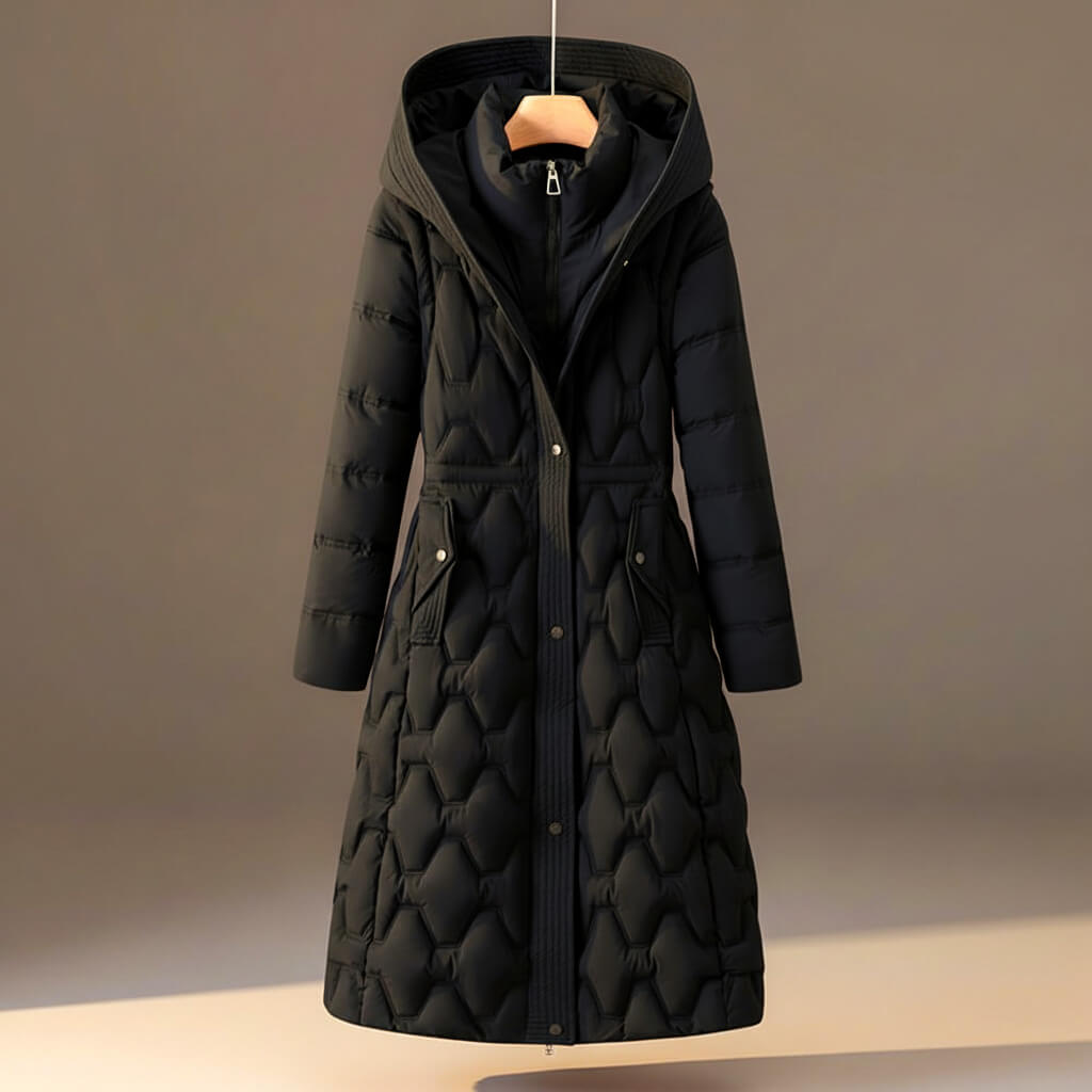 Quilted hooded coat in midnight black, diamond quilt pattern, full-zip front, side pockets