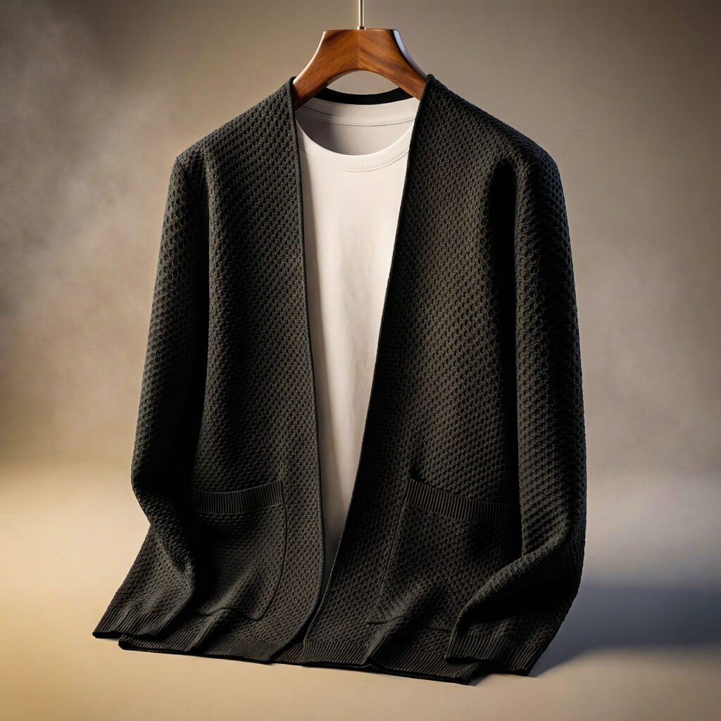 Women's honeycomb knit cardigan with pockets, midnight black, open front