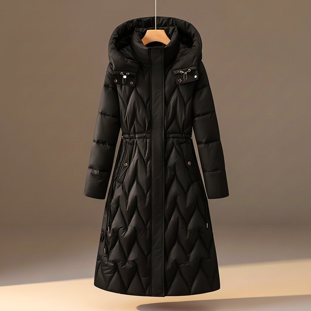 Midnight black long quilted hooded coat with front zip, snap pockets and belt tie