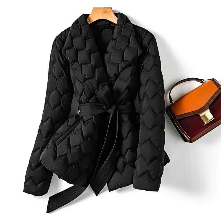 Quilted down coat in midnight black with tie-belt and diamond stitch pattern, front view
