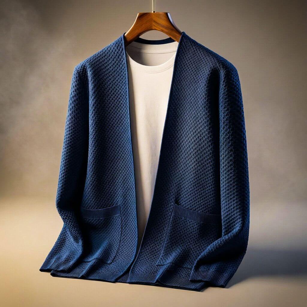 Women's honeycomb knit cardigan with pockets, navy blue, open front