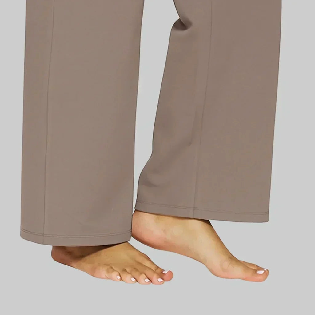 Taupe high-waisted yoga pants cropped wide-leg hem with stitched outline