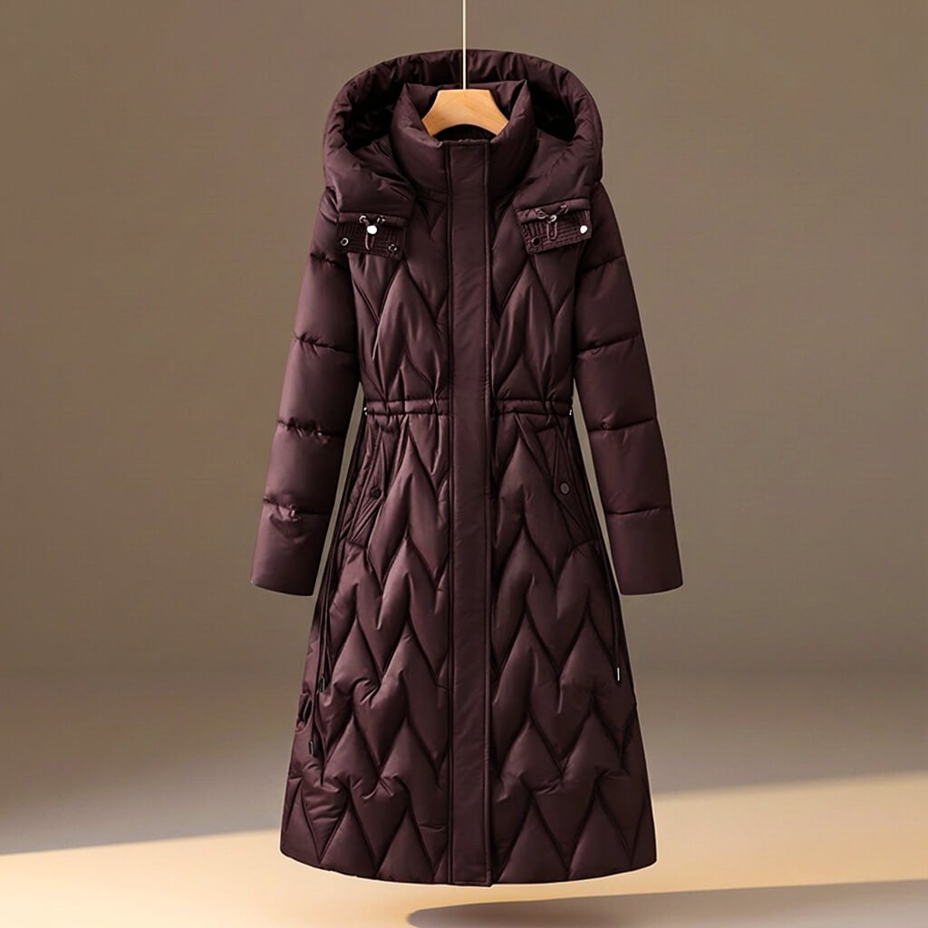 Rose red long quilted hooded coat with belt tie waist and snap pockets