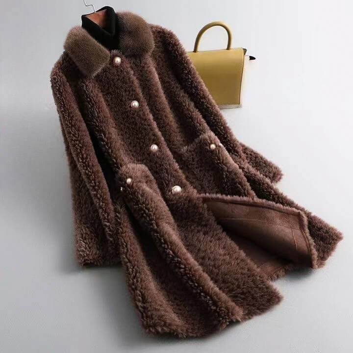 Mocha brown shearling coat with shawl collar and pearl snap buttons