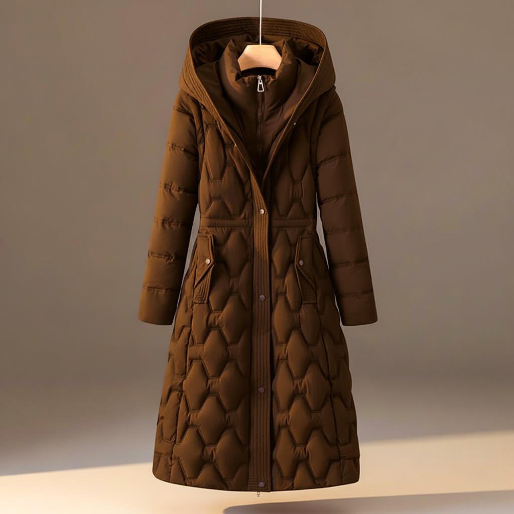 Quilted hooded coat in truffle brown, diamond pattern, full-zip front, buttoned pockets