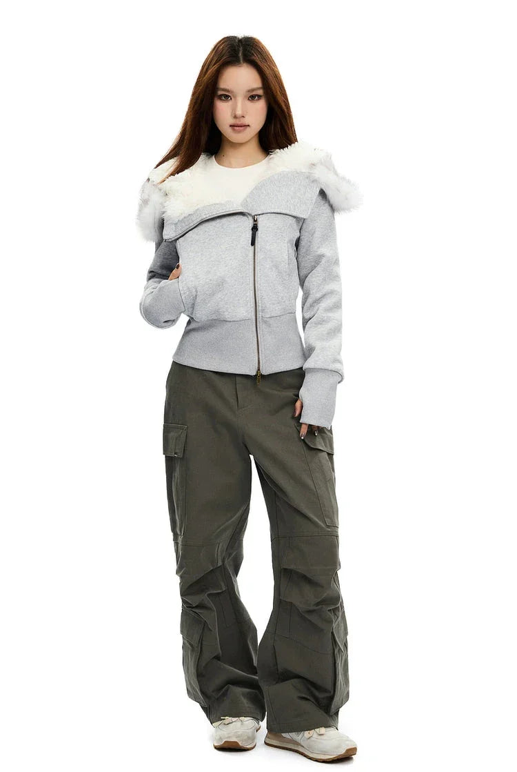 Light grey zip-up hoodie with white faux fur trim and zip-front closure, long sleeves