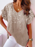 Women's khaki floral print v-neck short sleeve loose top