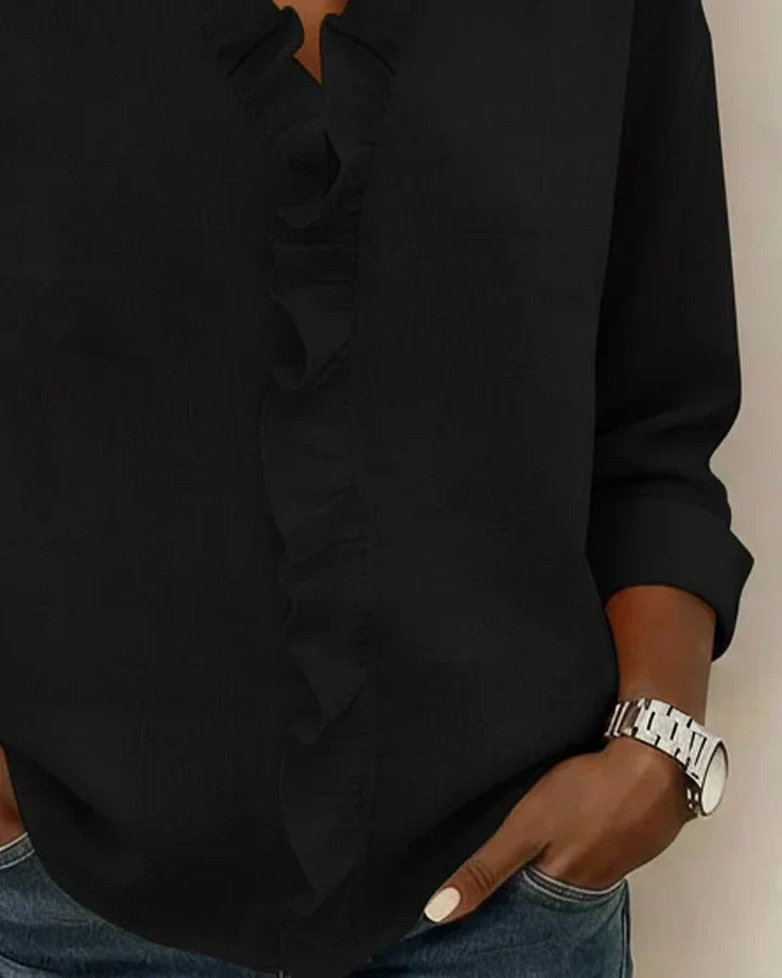 Black ruffle-trim V-neck blouse with long sleeves