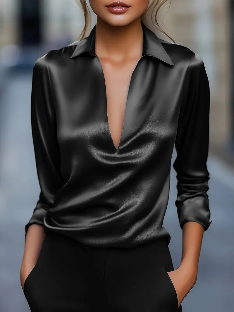 Black satin V-neck blouse with pointed collar, 3/4 sleeves, smooth drape front