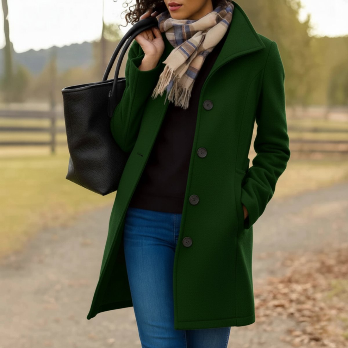 Dark green women's mid-length single-breasted coat with button front and notched lapels