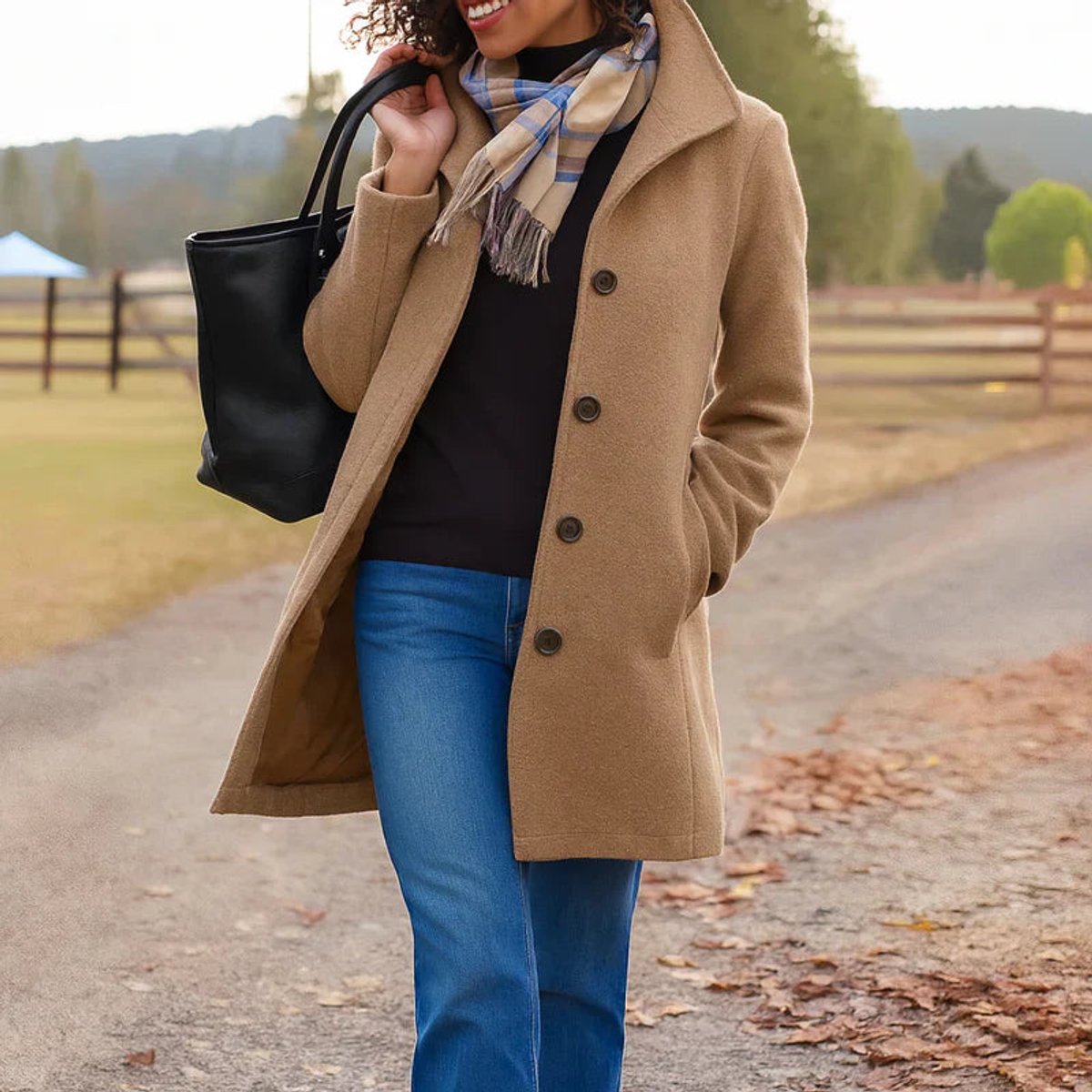 Khaki women's mid-length single-breasted coat with button front and notched lapels