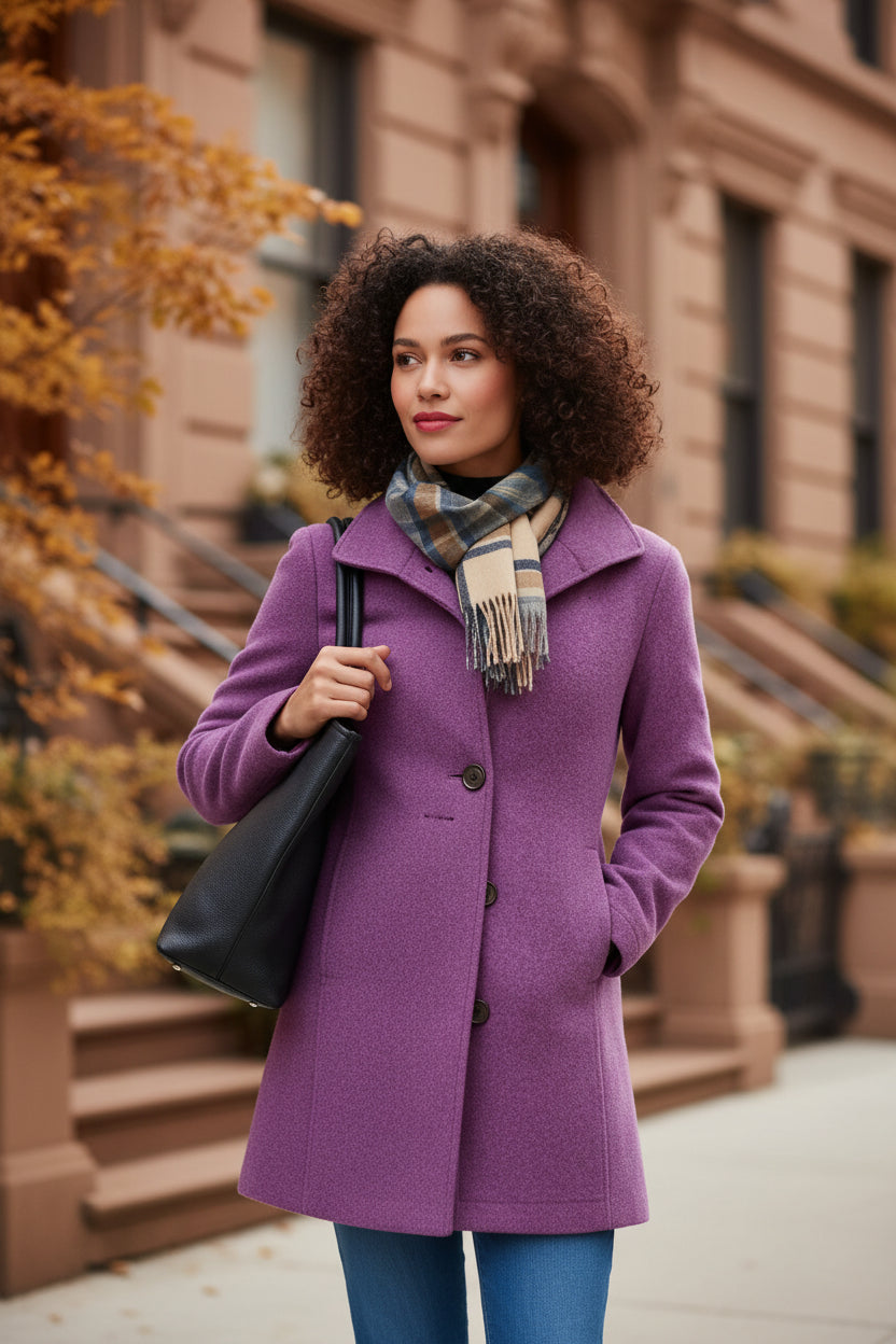 Purple women's mid-length single-breasted coat with button front and notched lapels