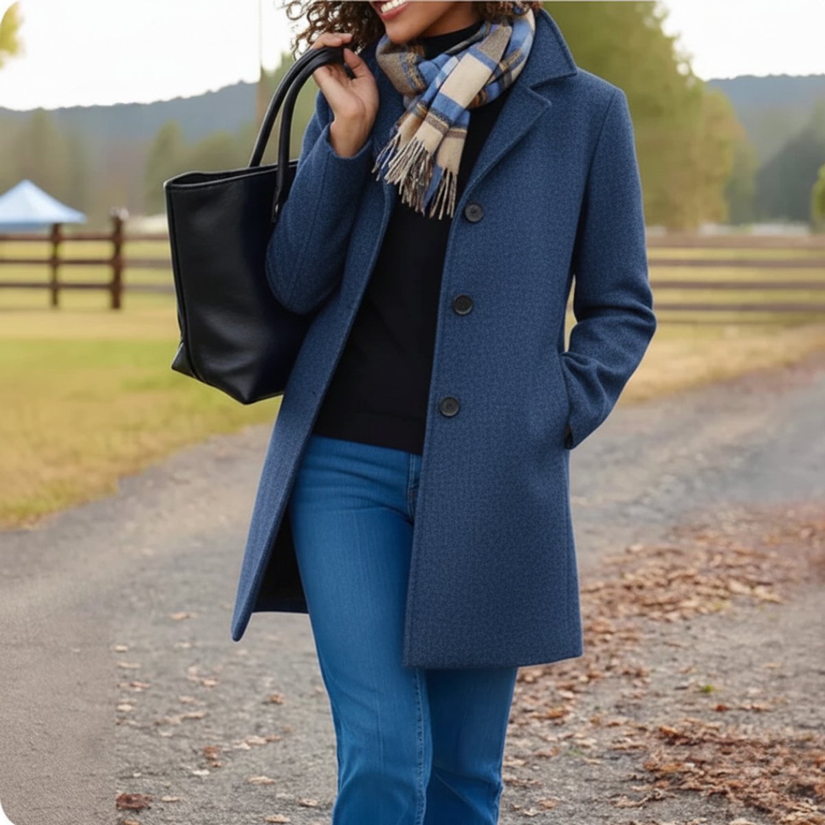 Blue women's mid-length single-breasted coat with button front and notched lapels