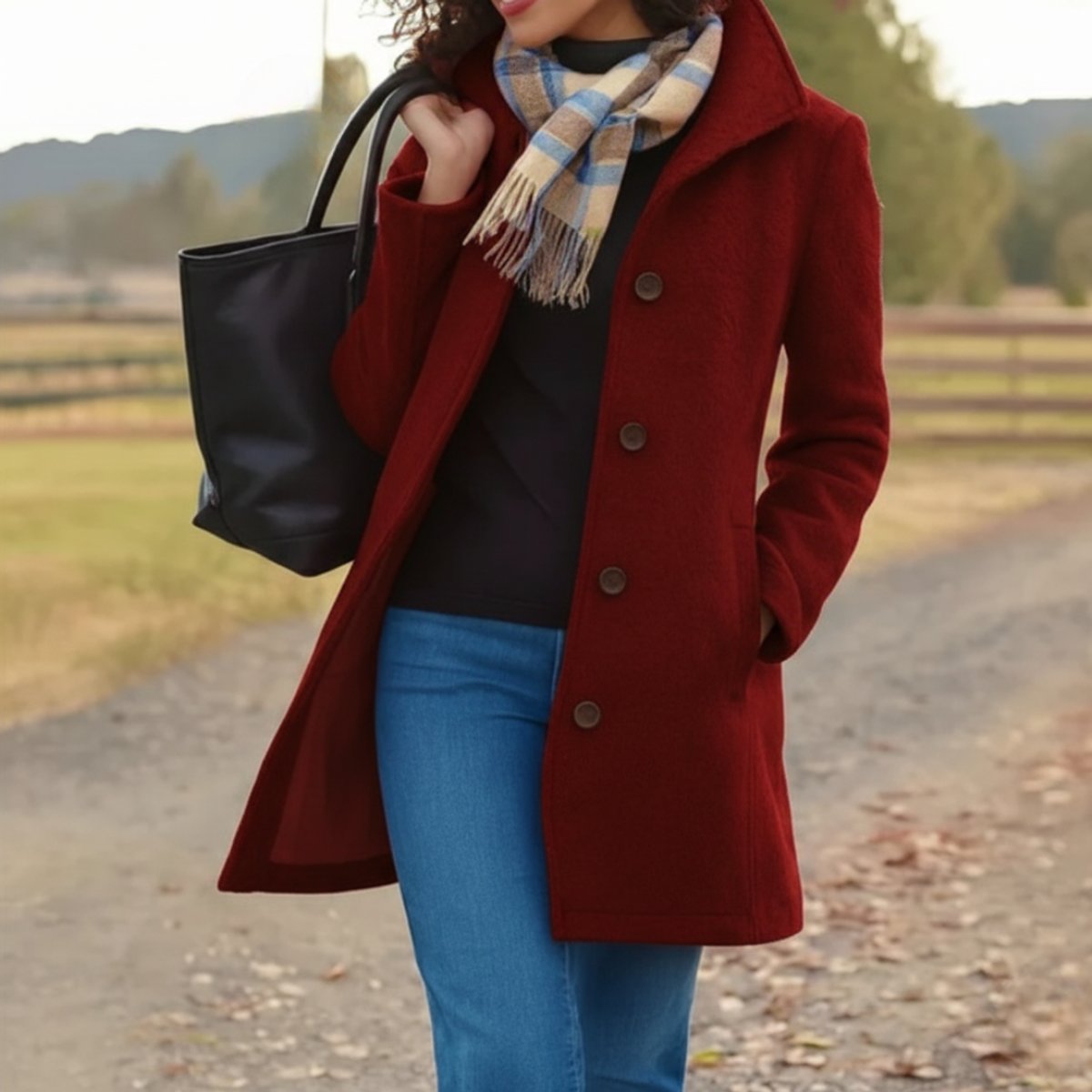 Red women's mid-length single-breasted coat with button front and notched lapels