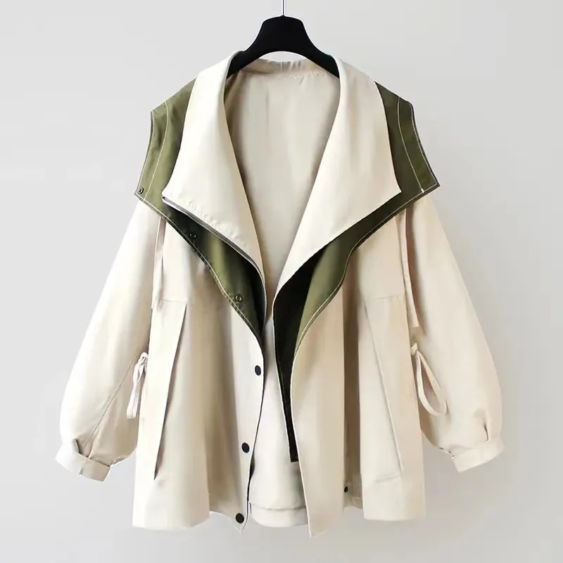 Hooded trench coat with drawstring waist, off-white with olive side panels