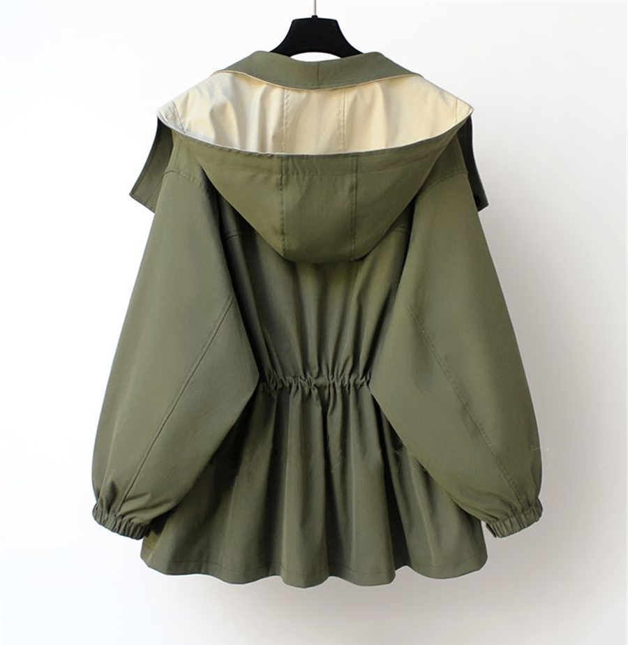 Olive green hooded trench coat with gathered drawstring waist