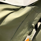 Trench coat neckline and front placket with dark button and zip-like seam