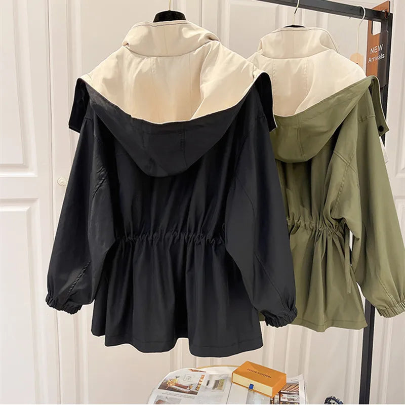 Hooded trench coat set on hangers, black and olive green with drawstring waist