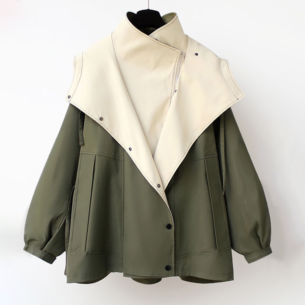 Two-tone hooded trench coat with drawstring waist, off-white and olive green