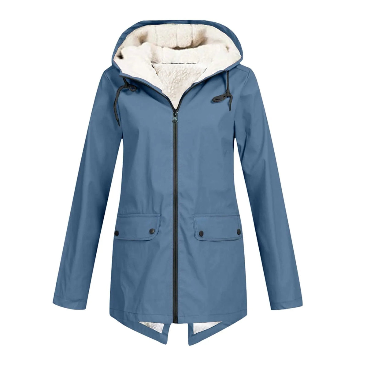Blue waterproof windbreaker jacket with hood, zip front, fleece lining, flap pockets.
