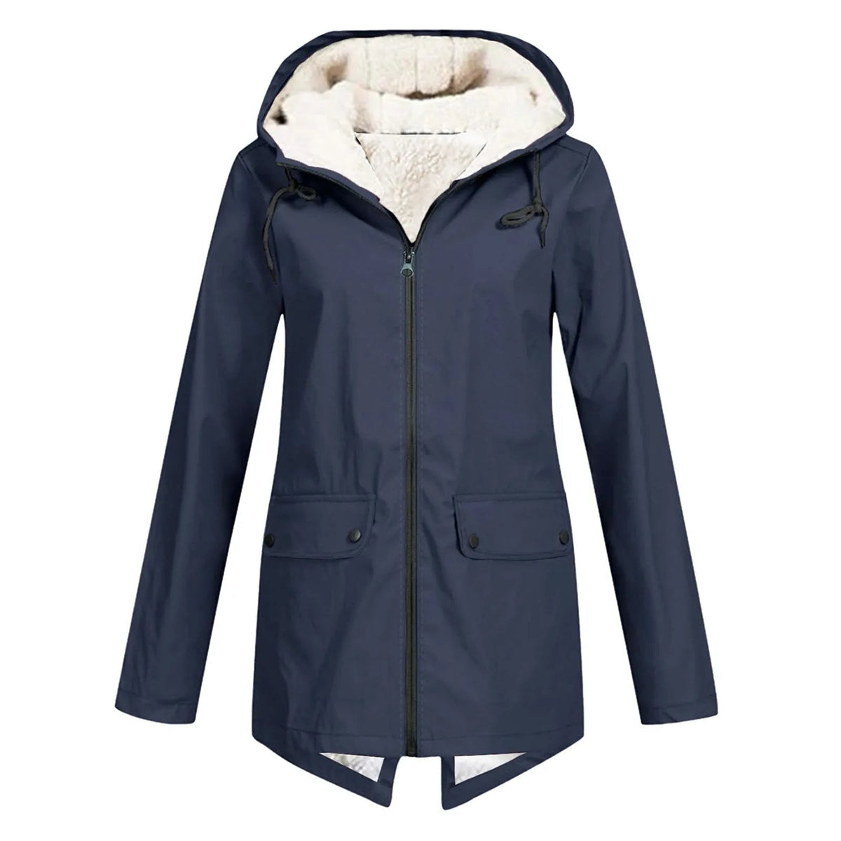 Navy waterproof windbreaker jacket with hood, zip front, fleece lining, flap pockets.