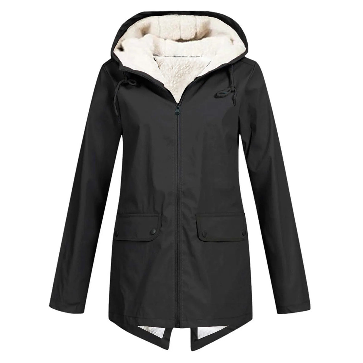 Black waterproof windbreaker jacket with hood, zip front, fleece lining, flap pockets.