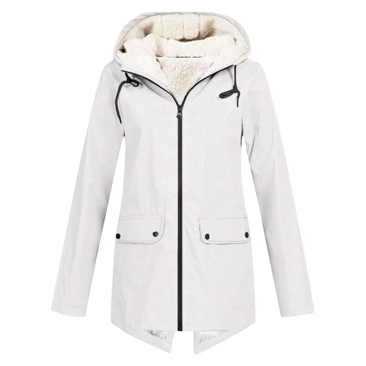 White waterproof windbreaker jacket with hood, zip front, fleece lining, flap pockets.