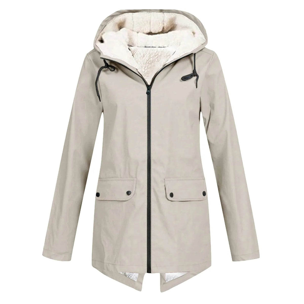 Beige waterproof windbreaker jacket with hood, zip front, fleece lining, flap pockets.