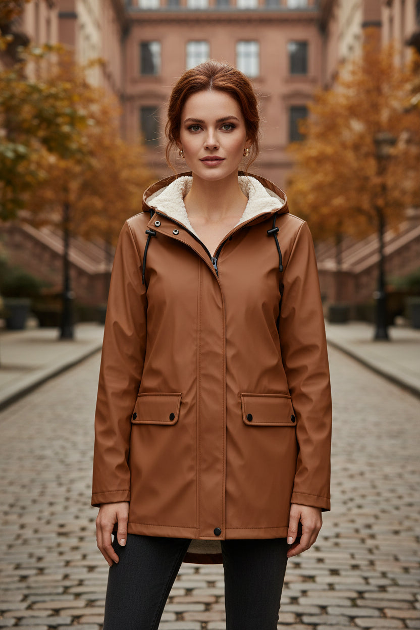 Khaki waterproof windbreaker jacket with hood, zip front, fleece lining, flap pockets.