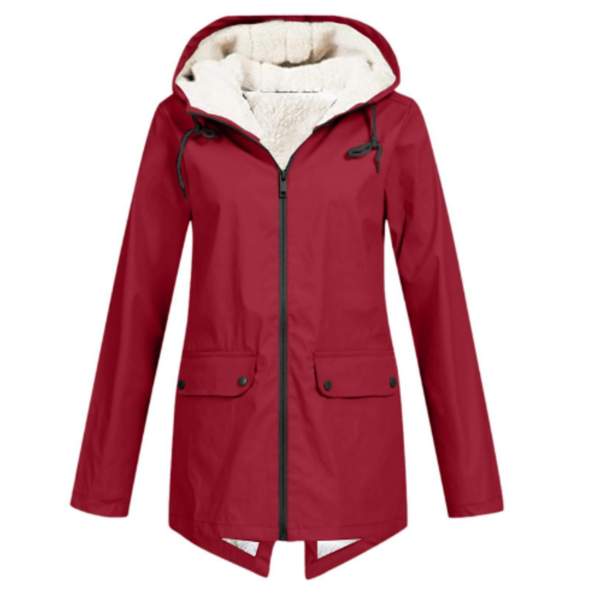 Red waterproof windbreaker jacket with hood, zip front, fleece lining, flap pockets.