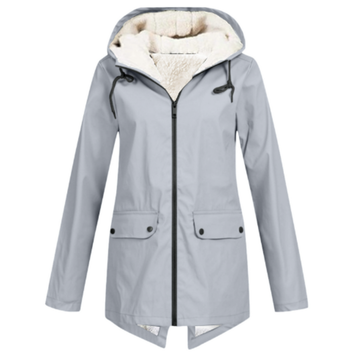 Gray waterproof windbreaker jacket with hood, zip front, fleece lining, flap pockets.