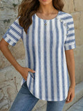 Blue striped round-neck short-sleeve blouse with short cuff sleeves and vertical pattern