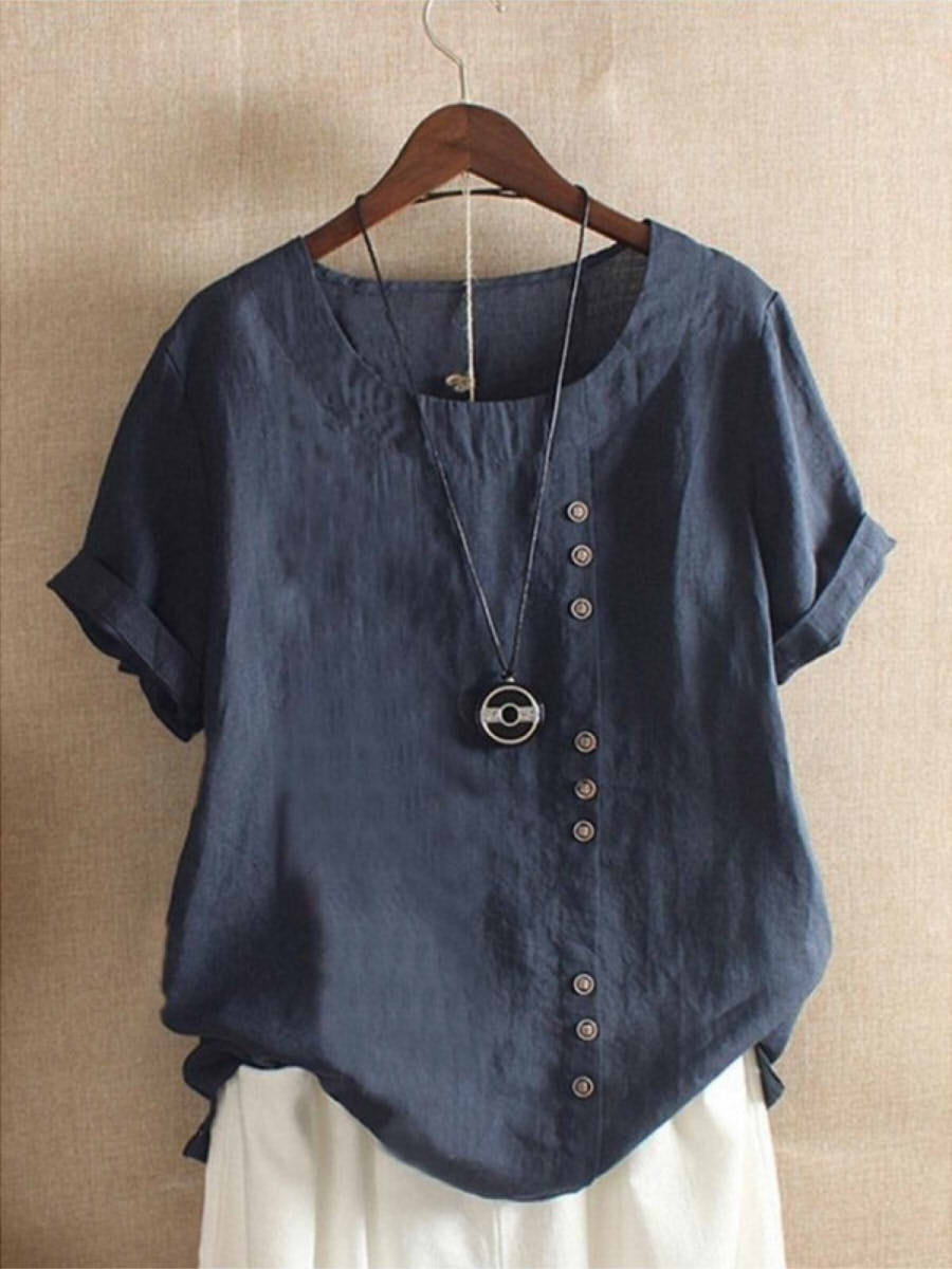 Women’s short-sleeve cotton blouse, navy, round neck, front button placket, side ties
