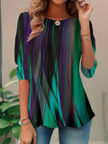 Women’s loose 3/4 sleeve blouse, round neck with button, abstract green and purple vertical print
