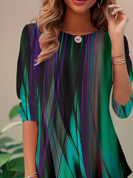 Women’s loose 3/4 sleeve blouse, round neck, abstract green and purple vertical print