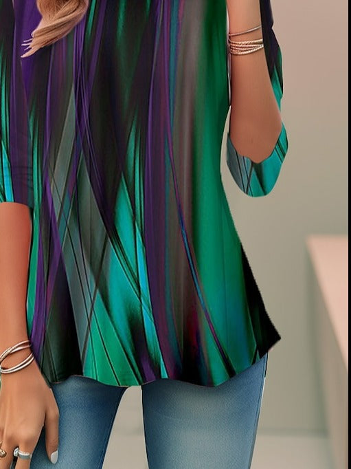 Women’s loose 3/4 sleeve blouse, round neck, abstract green and purple striped print