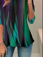 Women’s loose 3/4 sleeve blouse, round neck, abstract green and purple striped print