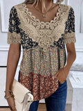 Black V-neck lace loose short-sleeve blouse with scalloped floral detail